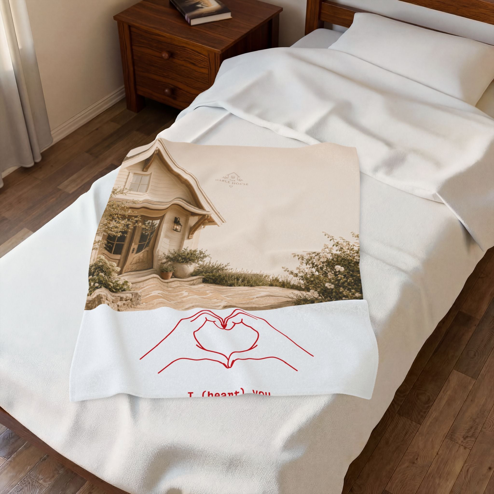 Velveteen Plush Blanket – Cozy Cottage Photo Throw with Hand-Heart Line Art