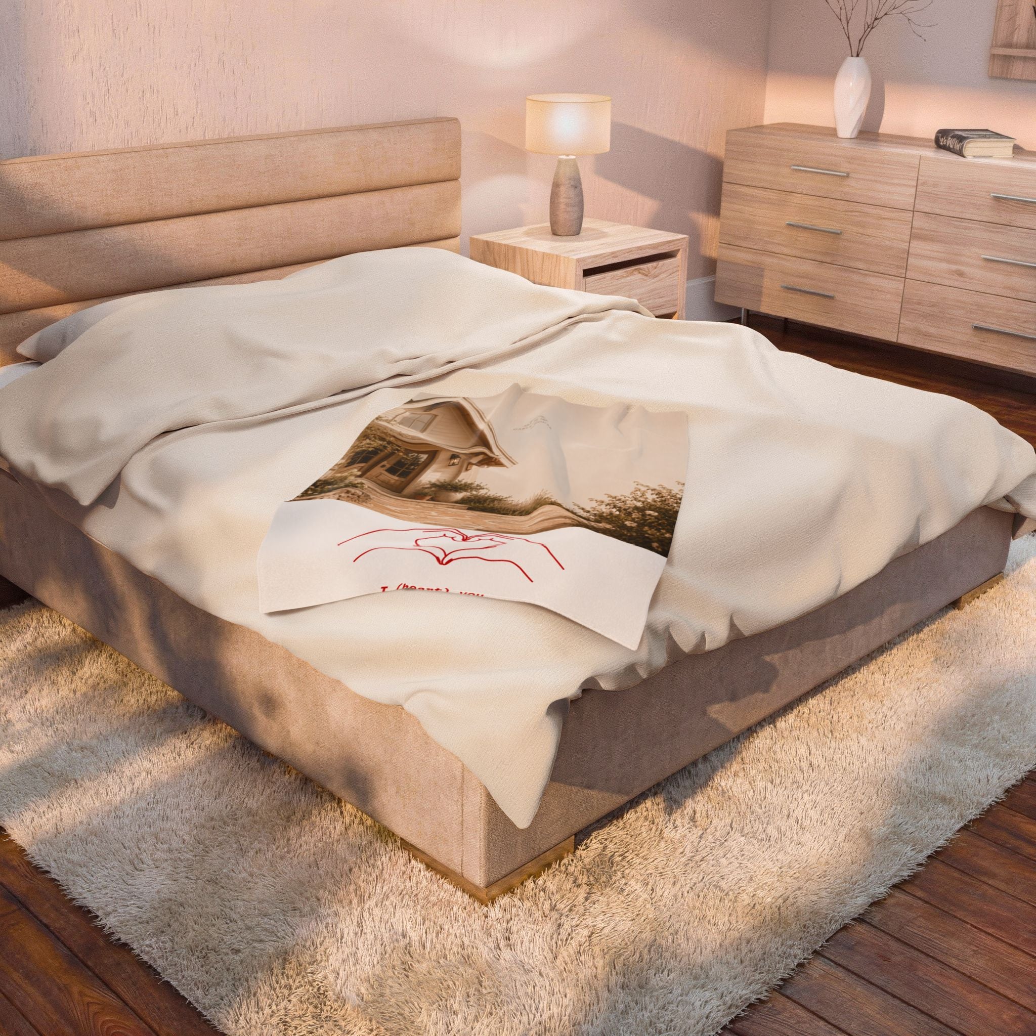 Velveteen Plush Blanket – Cozy Cottage Photo Throw with Hand-Heart Line Art