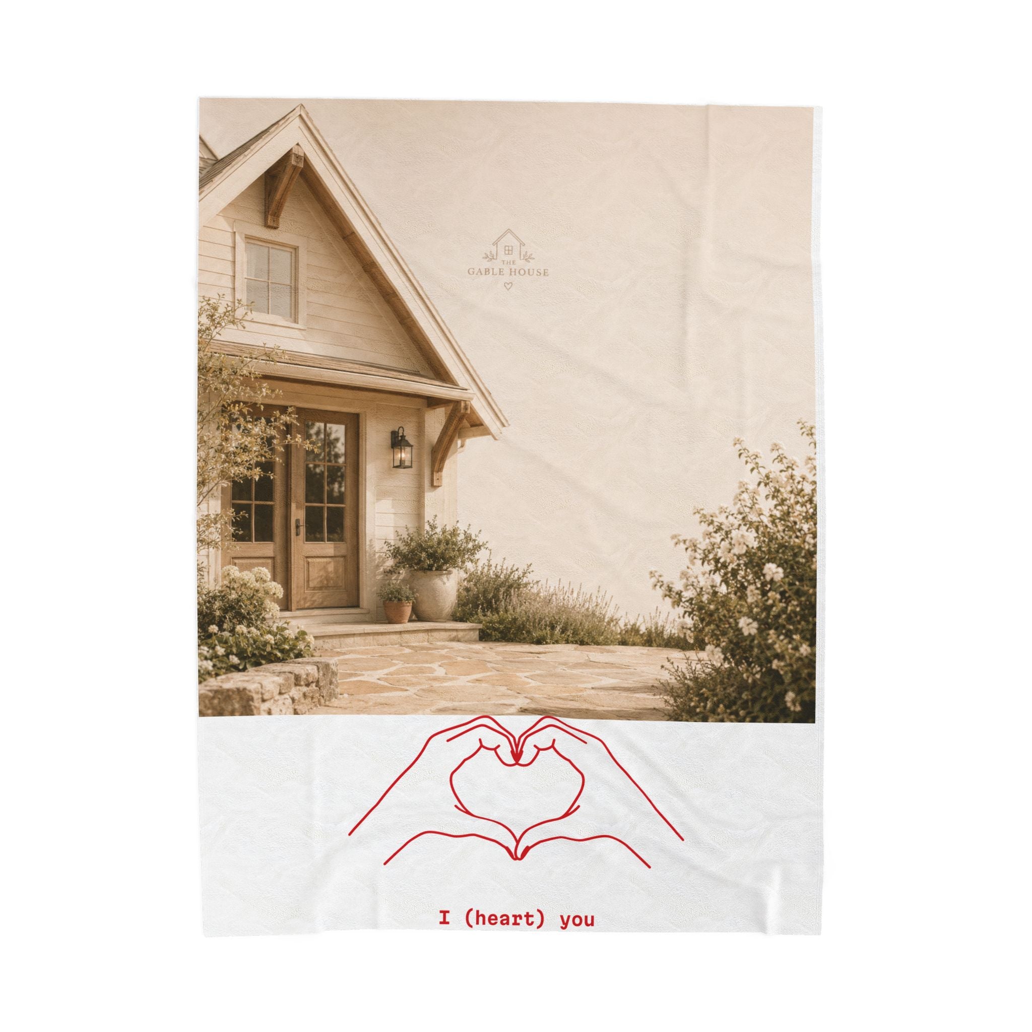 Velveteen Plush Blanket – Cozy Cottage Photo Throw with Hand-Heart Line Art